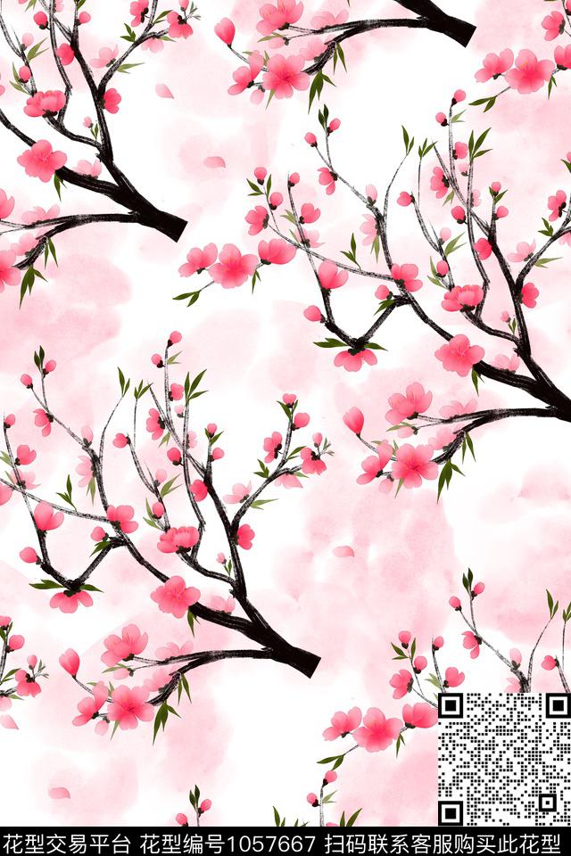 花卉桃花手绘花卉数码印花华亿平台下载（图片编号: 1057667） - 瓦栏（Walan）