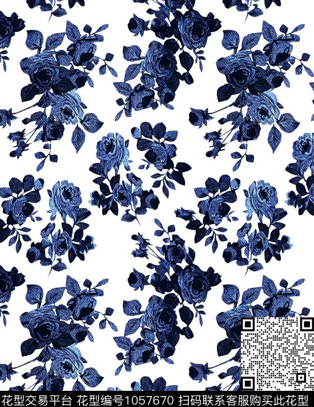 小碎花玫瑰花牛仔花数码印花华亿平台下载（图片编号: 1057670） - 瓦栏（Walan）