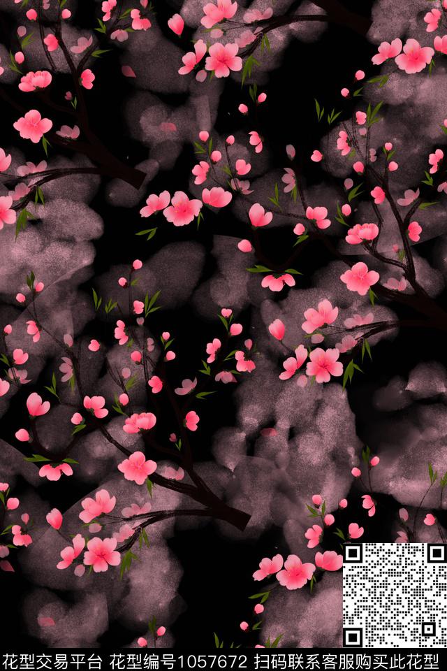 花卉桃花手绘花卉数码印花华亿平台下载（图片编号: 1057672） - 瓦栏（Walan）