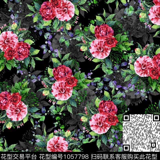 黑底花卉数码华亿平台民族风数码印花华亿平台下载（图片编号: 1057798） - 瓦栏（Walan）