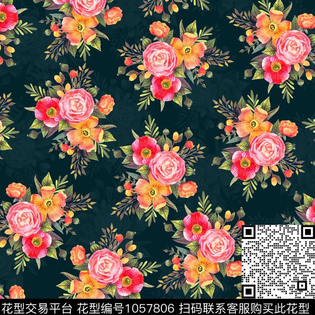 黑底花卉数码华亿平台民族风数码印花华亿平台下载（图片编号: 1057806） - 瓦栏（Walan）
