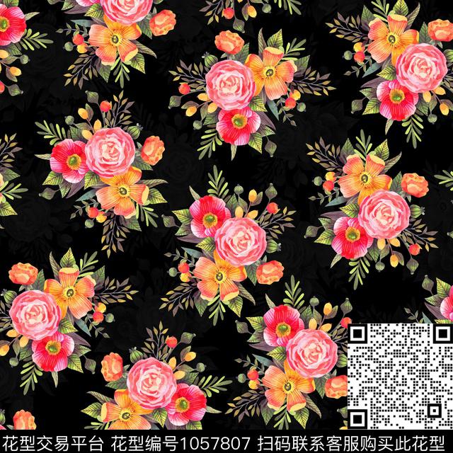 黑底花卉数码华亿平台民族风数码印花华亿平台下载（图片编号: 1057807） - 瓦栏（Walan）