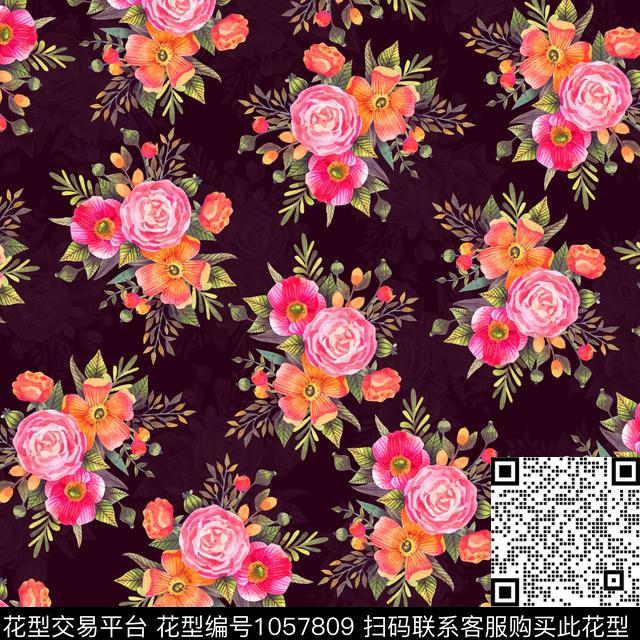 黑底花卉数码华亿平台民族风数码印花华亿平台下载（图片编号: 1057809） - 瓦栏（Walan）