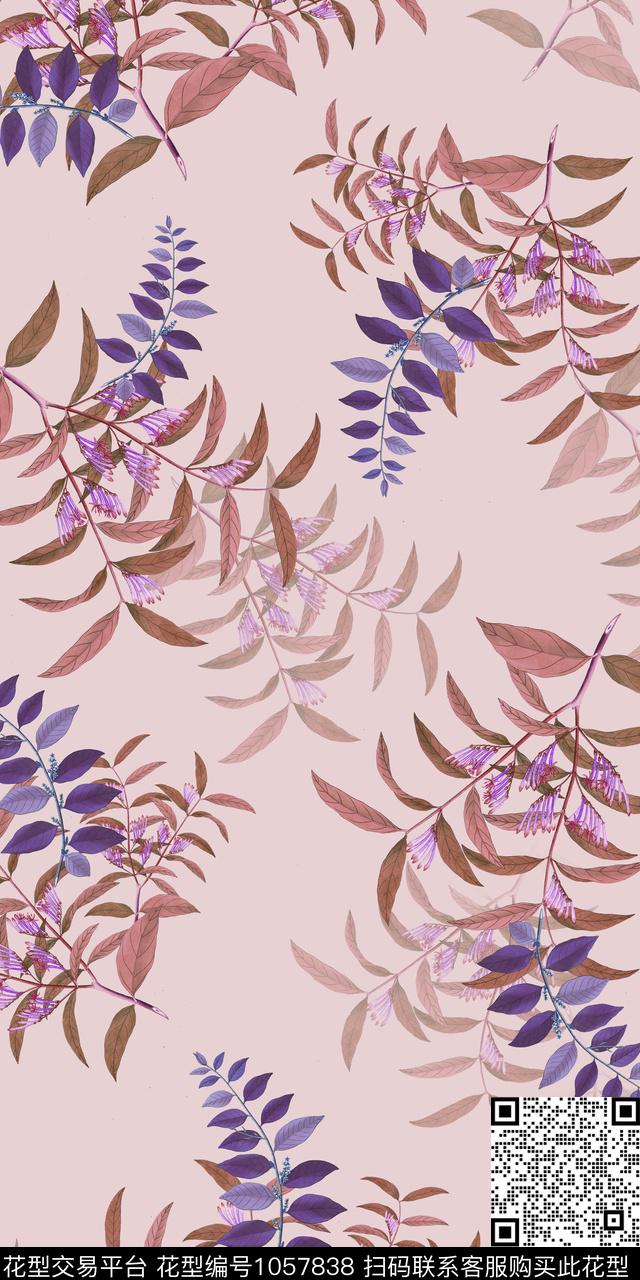 抽象花卉手绘花卉手绘叶子数码印花华亿平台下载（图片编号: 1057838） - 瓦栏（Walan）