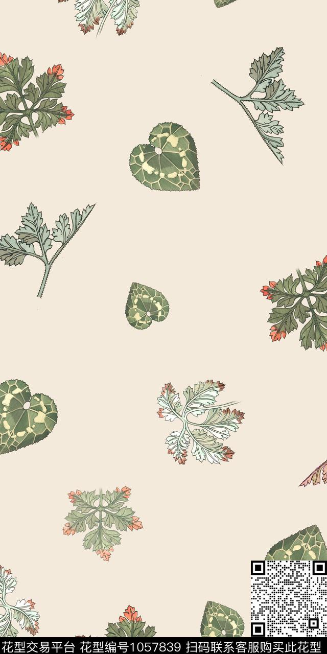 趣味抽象叶子手绘叶子数码印花华亿平台下载（图片编号: 1057839） - 瓦栏（Walan）