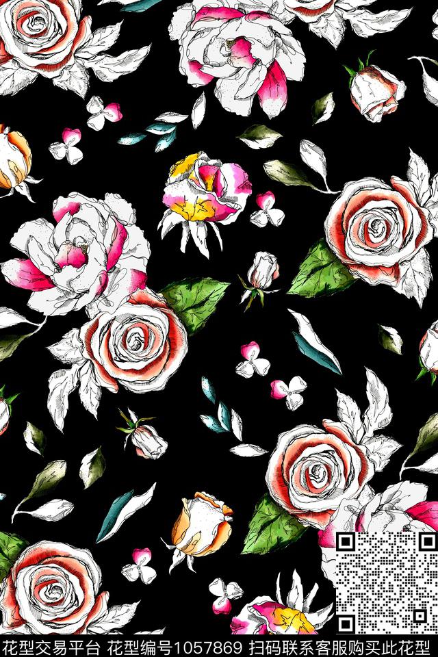 线条花卉年轻女性手绘花卉数码印花华亿平台下载（图片编号: 1057869） - 瓦栏（Walan）