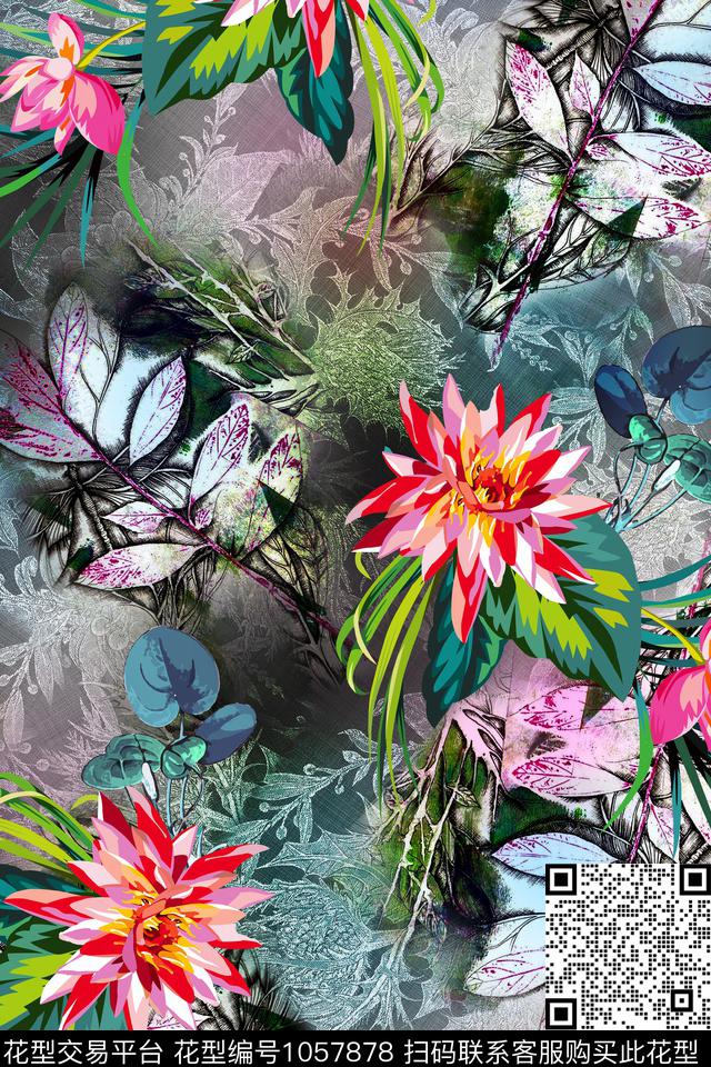 水彩花卉荷花年轻女性数码印花华亿平台下载（图片编号: 1057878） - 瓦栏（Walan）