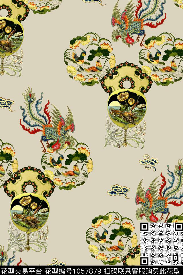 手绘花卉几何凤凰数码印花华亿平台下载（图片编号: 1057879） - 瓦栏（Walan）
