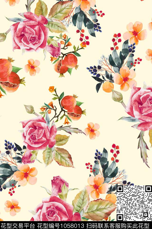 花卉清爽底花卉水果数码印花华亿平台下载（图片编号: 1058013） - 瓦栏（Walan）