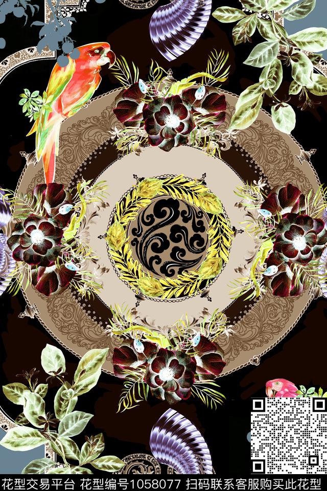 抽象几何花鸟数码印花华亿平台下载（图片编号: 1058077） - 瓦栏（Walan）
