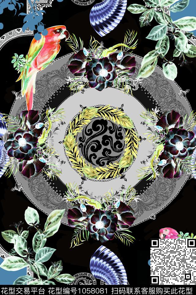 抽象几何花鸟数码印花华亿平台下载（图片编号: 1058081） - 瓦栏（Walan）