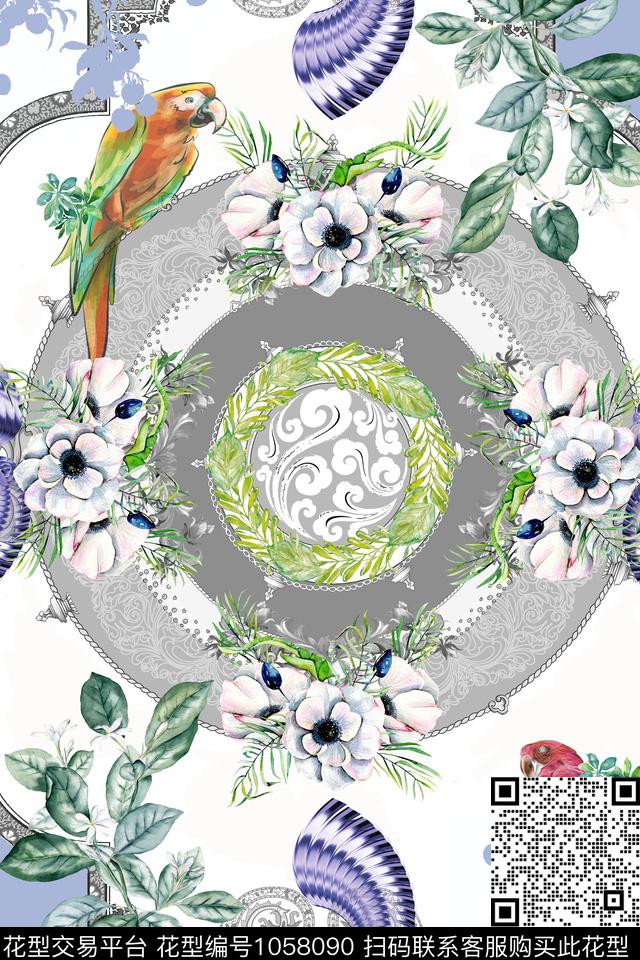 抽象几何花鸟数码印花华亿平台下载（图片编号: 1058090） - 瓦栏（Walan）