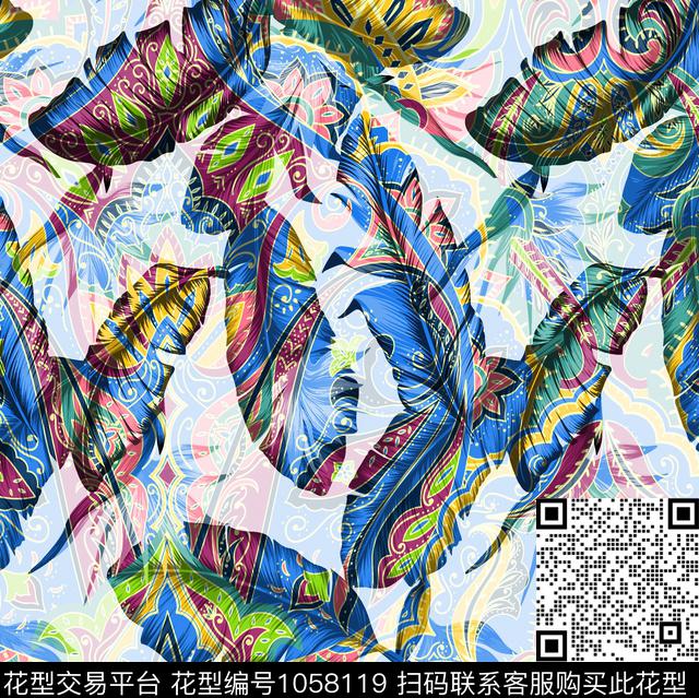 抽象羽毛大牌风数码印花华亿平台下载（图片编号: 1058119） - 瓦栏（Walan）