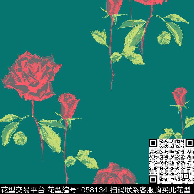手绘玫瑰花卉女装传统印花华亿平台下载（图片编号: 1058134） - 瓦栏（Walan）
