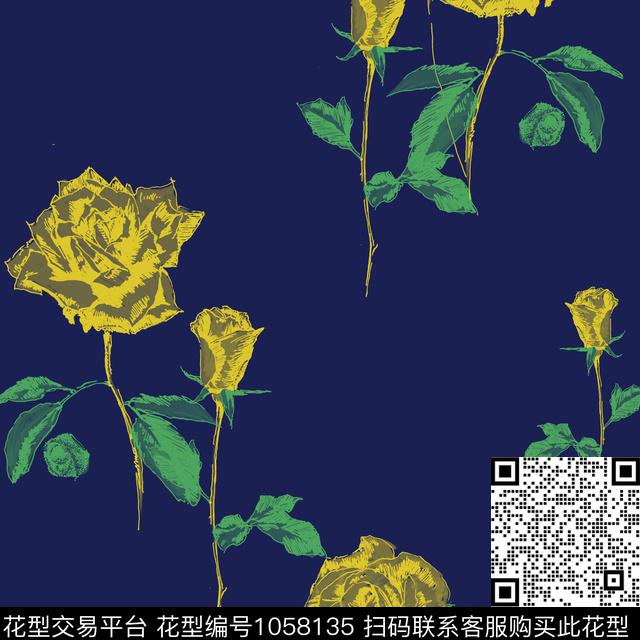 手绘玫瑰花卉女装传统印花华亿平台下载（图片编号: 1058135） - 瓦栏（Walan）