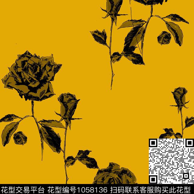 手绘玫瑰花卉女装传统印花华亿平台下载（图片编号: 1058136） - 瓦栏（Walan）