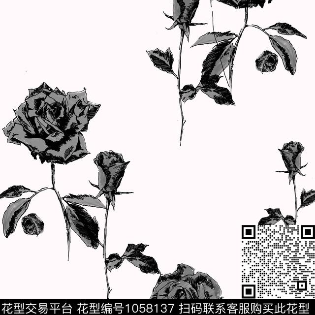 手绘玫瑰花卉女装传统印花华亿平台下载（图片编号: 1058137） - 瓦栏（Walan）