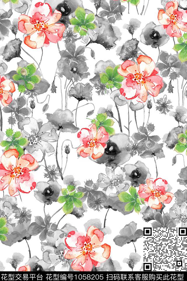 抽象水彩花卉清爽底花卉数码印花华亿平台下载（图片编号: 1058205） - 瓦栏（Walan）