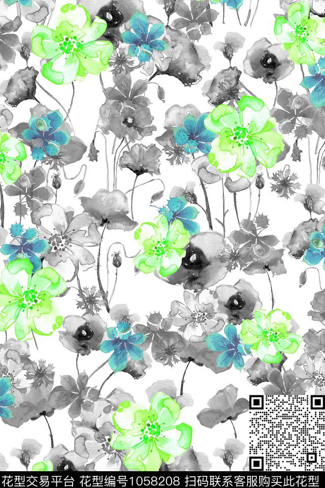 抽象水彩花卉清爽底花卉数码印花华亿平台下载（图片编号: 1058208） - 瓦栏（Walan）