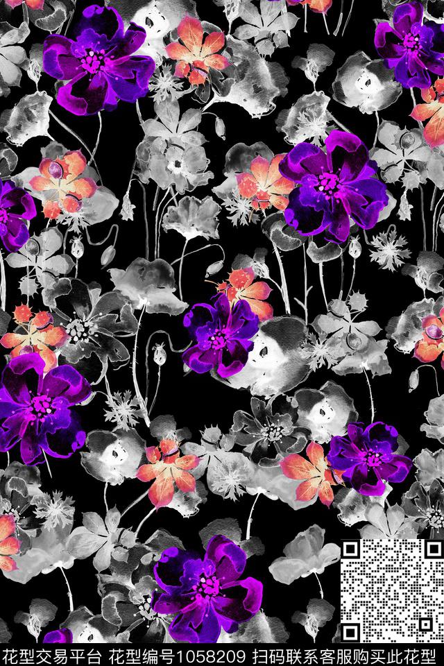 抽象水彩花卉清爽底花卉数码印花华亿平台下载（图片编号: 1058209） - 瓦栏（Walan）