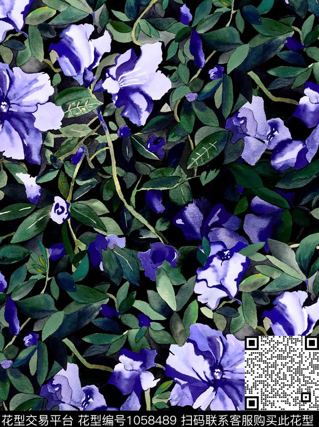 花卉大牌风手绘花卉数码印花华亿平台下载（图片编号: 1058489） - 瓦栏（Walan）