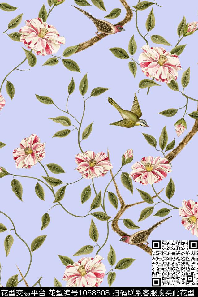 花卉树枝花鸟数码印花华亿平台下载（图片编号: 1058508） - 瓦栏（Walan）