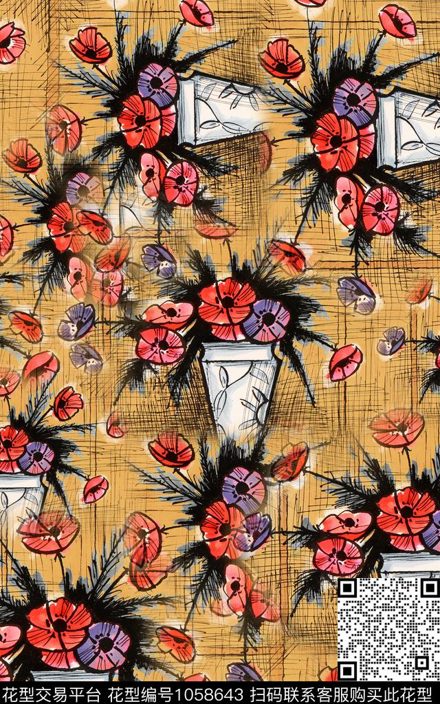 小碎花线条花卉花卉数码印花华亿平台下载（图片编号: 1058643） - 瓦栏（Walan）