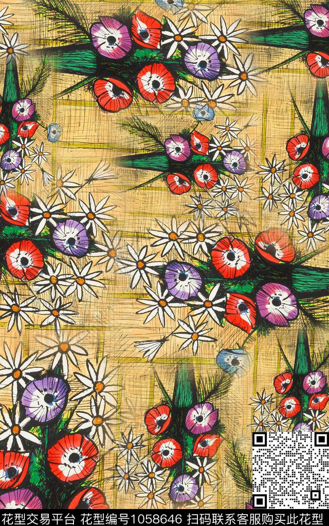 小碎花线条花卉花卉数码印花华亿平台下载（图片编号: 1058646） - 瓦栏（Walan）