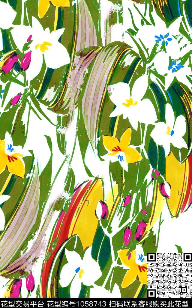 抽象花卉笔触数码印花华亿平台下载（图片编号: 1058743） - 瓦栏（Walan）