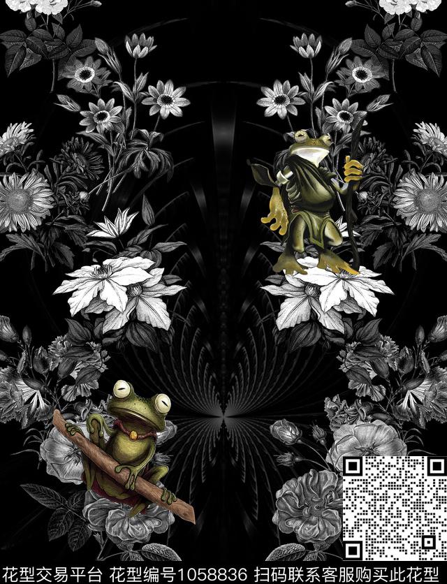 青蛙动物黑白华亿平台数码印花华亿平台下载（图片编号: 1058836） - 瓦栏（Walan）
