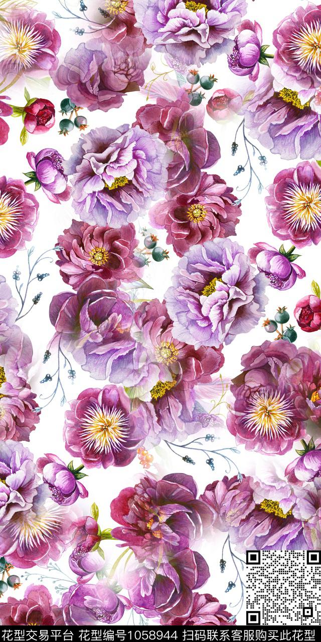 数码华亿平台水彩花卉花卉数码印花华亿平台下载（图片编号: 1058944） - 瓦栏（Walan）