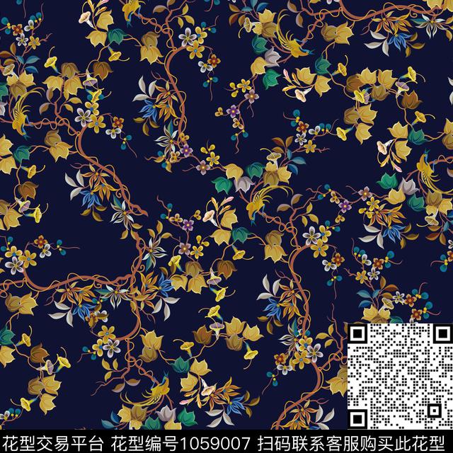 黑底花卉数码华亿平台民族风数码印花华亿平台下载（图片编号: 1059007） - 瓦栏（Walan）