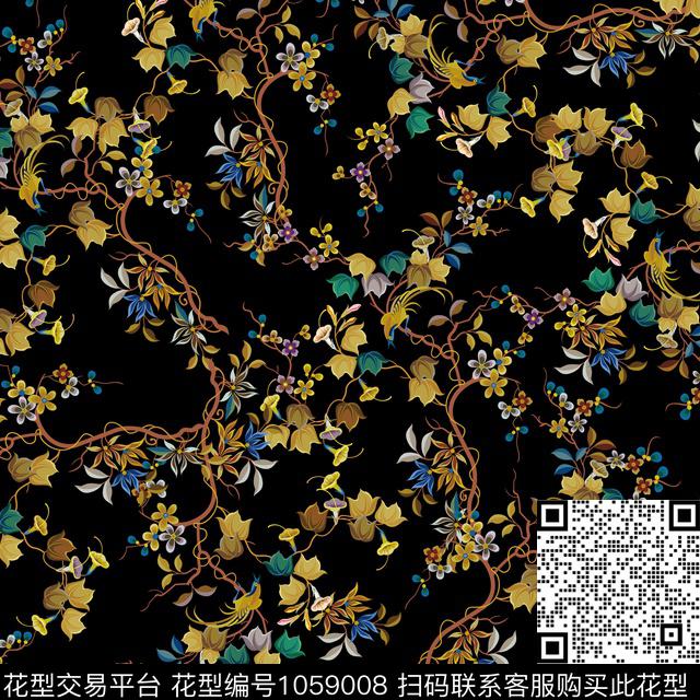 黑底花卉数码华亿平台民族风数码印花华亿平台下载（图片编号: 1059008） - 瓦栏（Walan）
