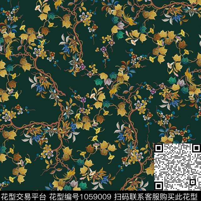 黑底花卉数码华亿平台民族风数码印花华亿平台下载（图片编号: 1059009） - 瓦栏（Walan）