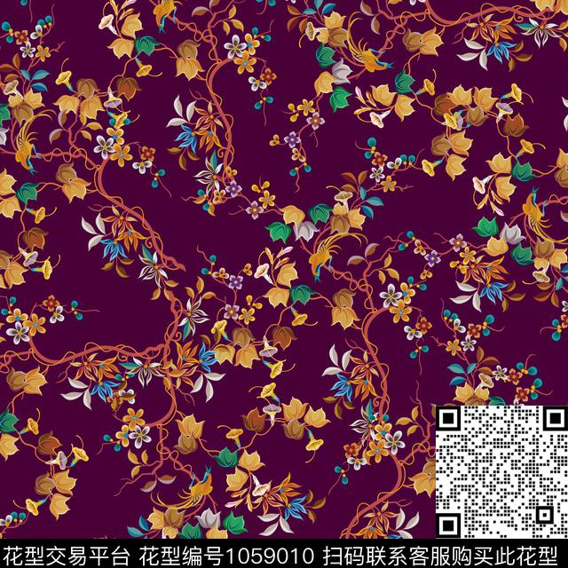 黑底花卉数码华亿平台民族风数码印花华亿平台下载（图片编号: 1059010） - 瓦栏（Walan）