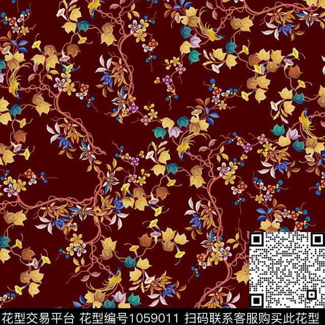 黑底花卉数码华亿平台民族风数码印花华亿平台下载（图片编号: 1059011） - 瓦栏（Walan）