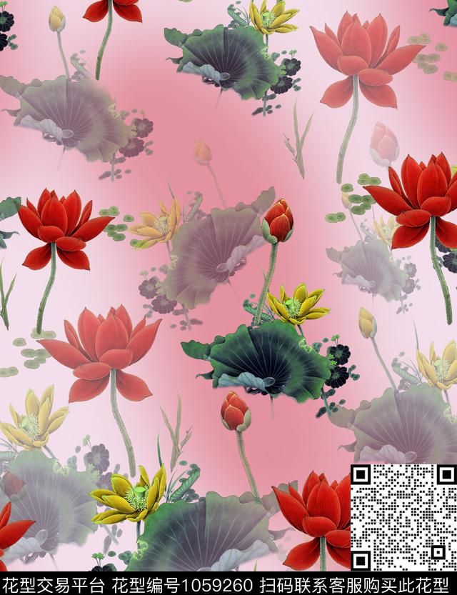 花卉荷花中国风数码印花华亿平台下载（图片编号: 1059260） - 瓦栏（Walan）