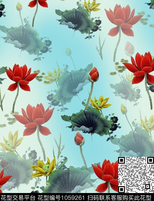 花卉荷花中国风数码印花华亿平台下载（图片编号: 1059261） - 瓦栏（Walan）