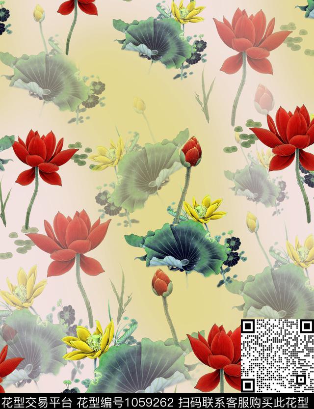 花卉荷花中国风数码印花华亿平台下载（图片编号: 1059262） - 瓦栏（Walan）