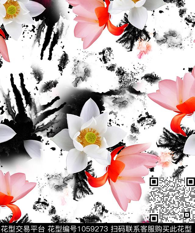 花卉水墨风荷花数码印花华亿平台下载（图片编号: 1059273） - 瓦栏（Walan）