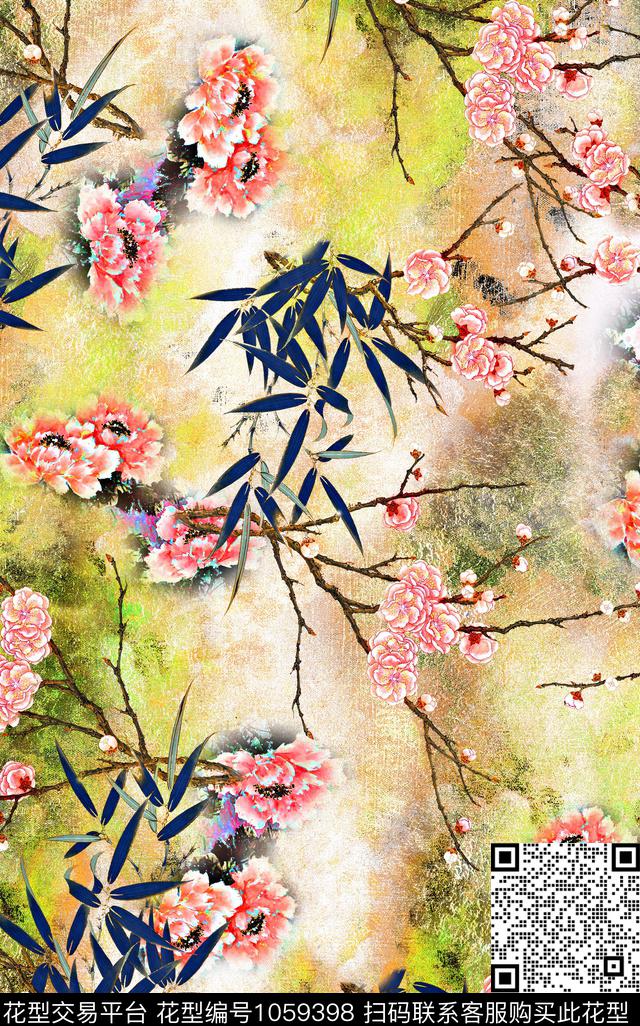桃花竹子花卉数码印花华亿平台下载（图片编号: 1059398） - 瓦栏（Walan）