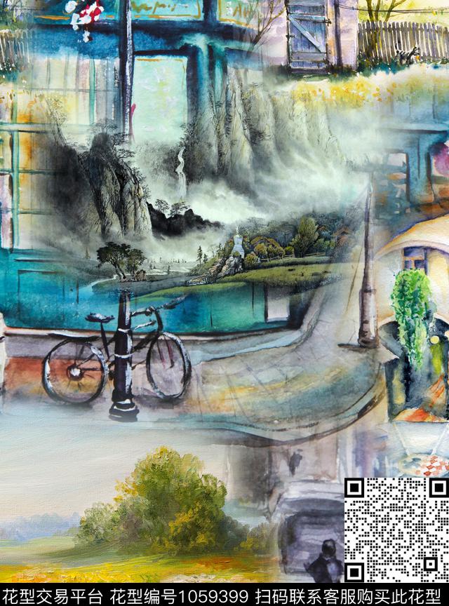 风景景观水墨风数码印花华亿平台下载（图片编号: 1059399） - 瓦栏（Walan）