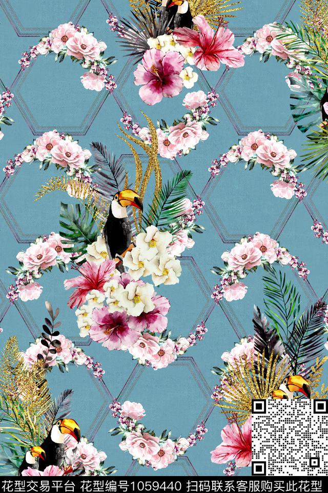 羽毛花卉几何数码印花华亿平台下载（图片编号: 1059440） - 瓦栏（Walan）