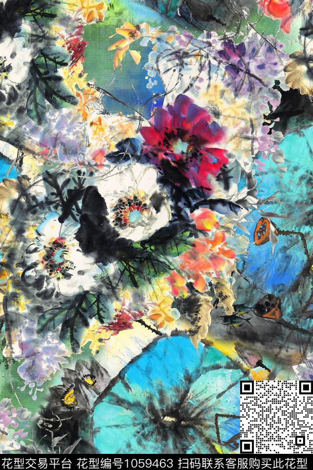 花卉荷花中国风数码印花华亿平台下载（图片编号: 1059463） - 瓦栏（Walan）