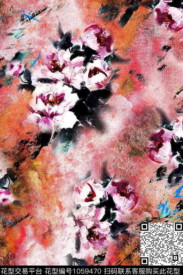 香云纱牡丹花卉数码印花华亿平台下载（图片编号: 1059470） - 瓦栏（Walan）