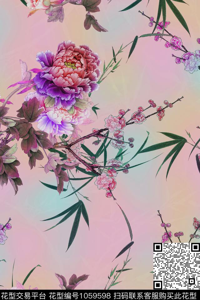 梅花中国风牡丹数码印花华亿平台下载（图片编号: 1059598） - 瓦栏（Walan）