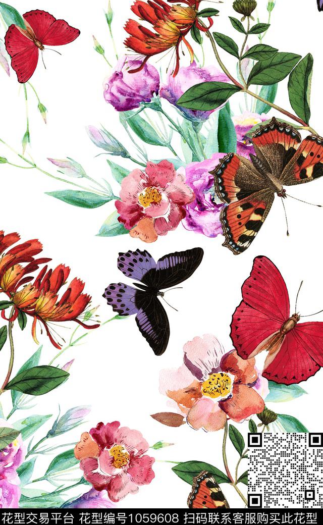中国风数码华亿平台花卉蝴蝶数码印花华亿平台下载（图片编号: 1059608） - 瓦栏（Walan）