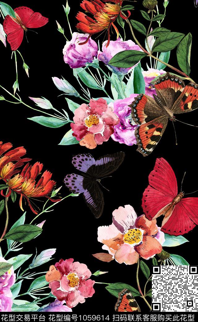 中国风数码华亿平台花卉蝴蝶数码印花华亿平台下载（图片编号: 1059614） - 瓦栏（Walan）