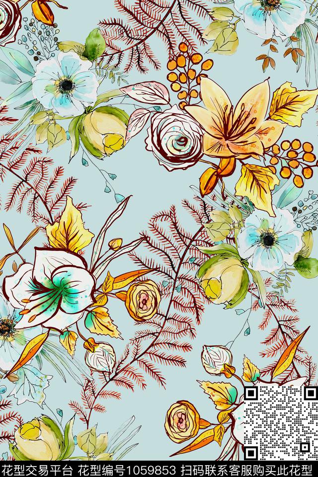 水彩花卉年轻女性手绘花卉数码印花华亿平台下载（图片编号: 1059853） - 瓦栏（Walan）
