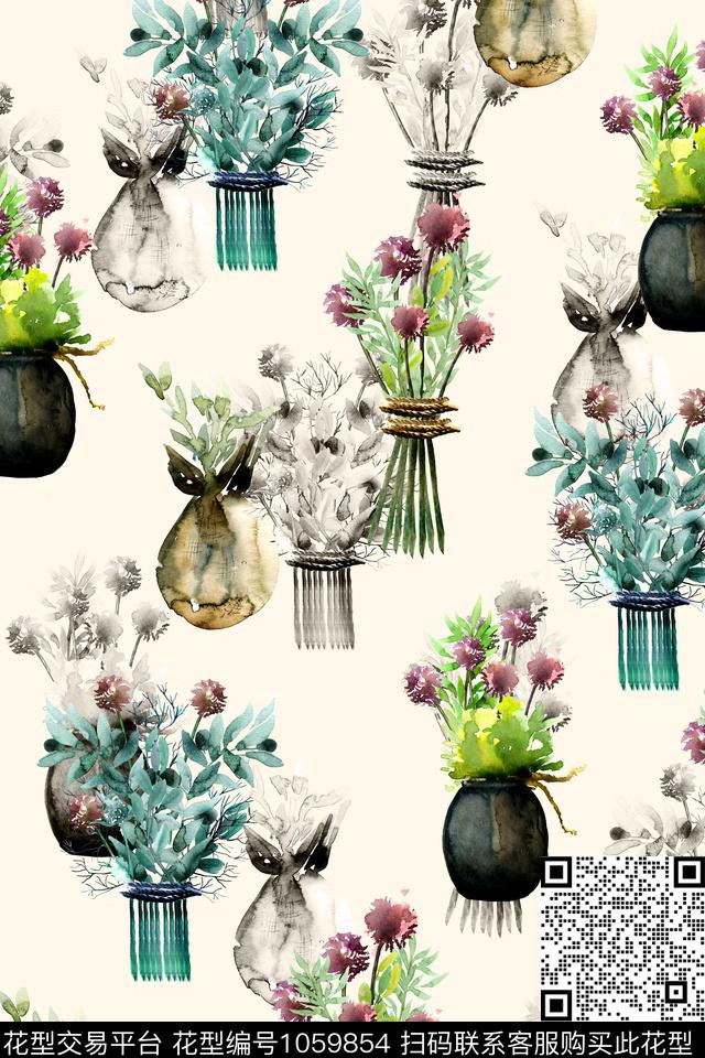 花瓶休闲手绘花卉数码印花华亿平台下载（图片编号: 1059854） - 瓦栏（Walan）